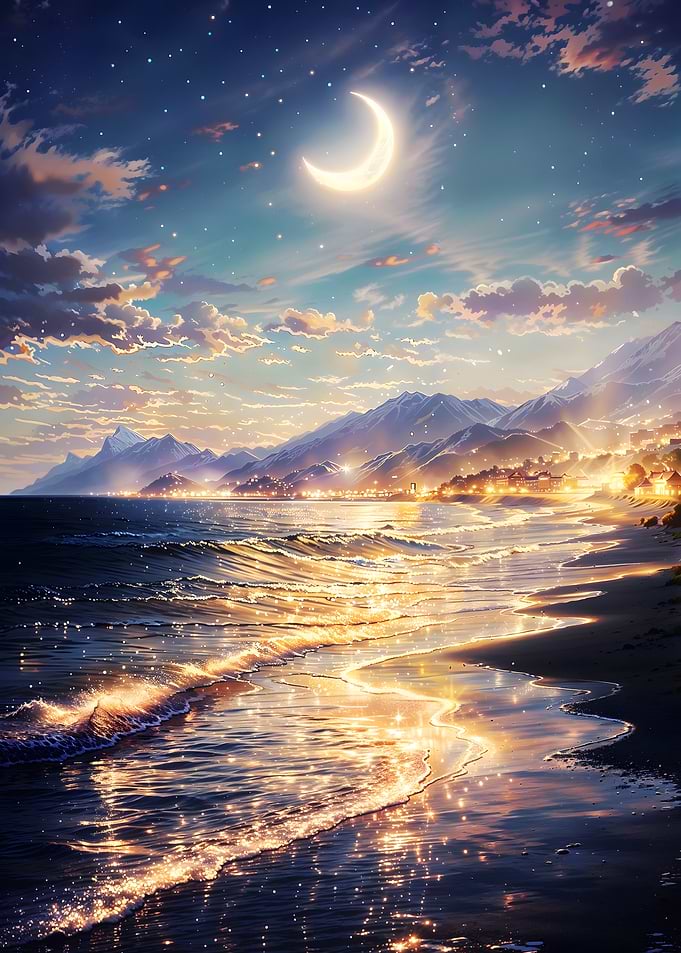 Moonlit Waves - Dreamy Ocean Shoreline Under Crescent Moon