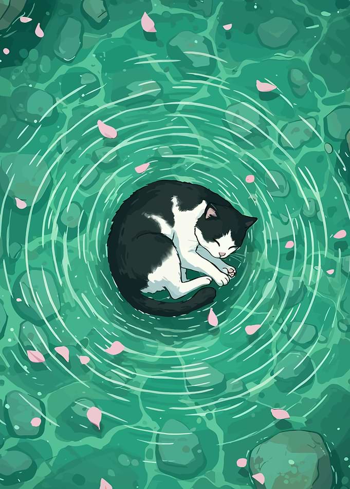 Sleeping Cat in Pond with Petals