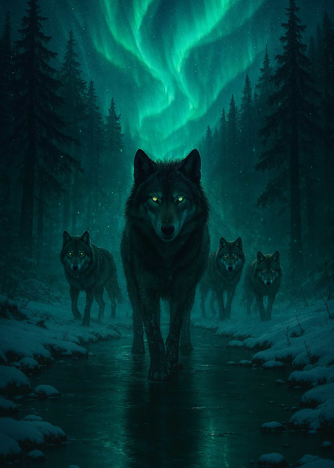Wolf Pack Under Aurora Borealis