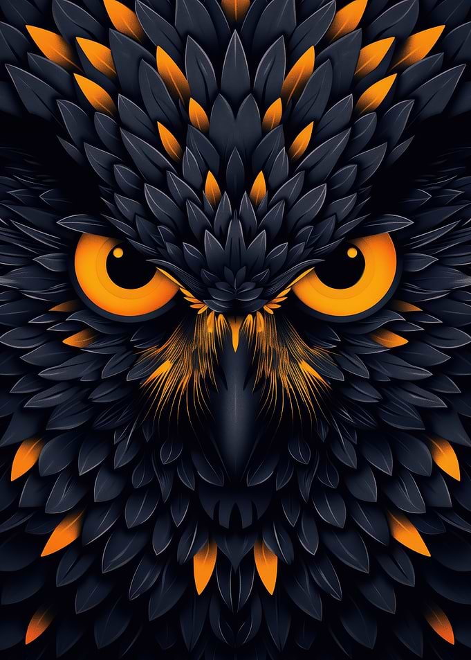 Fierce owl vector portrait with glowing orange eyes