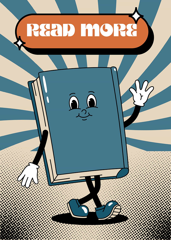 Cartoon Book Character with Read More Text