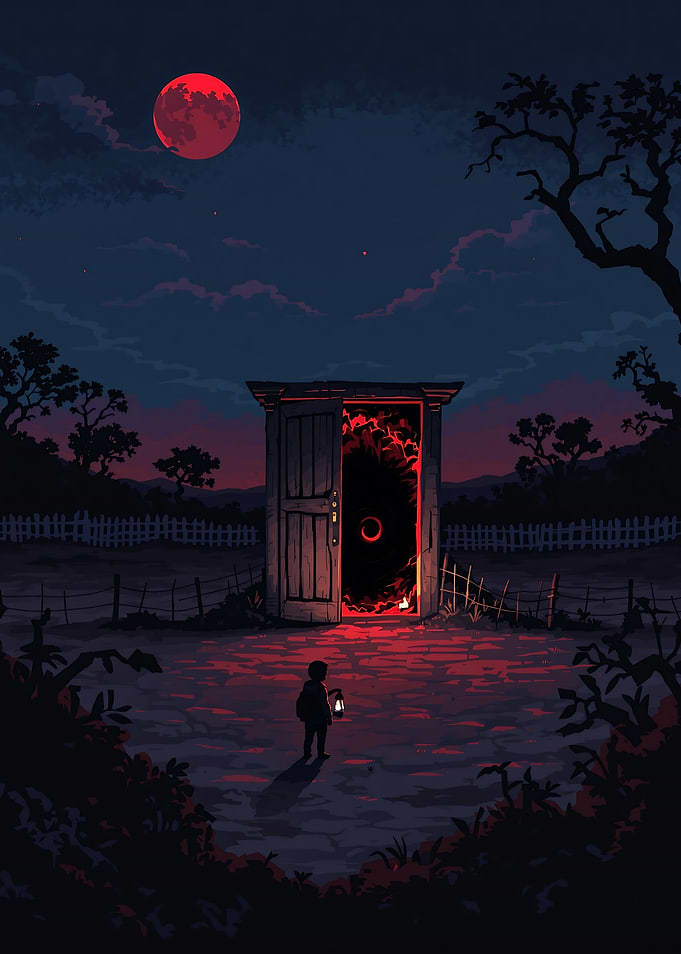 Boy with Lantern and Portal Door