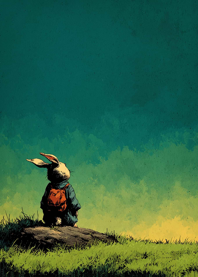 Rabbit with Backpack on Hill