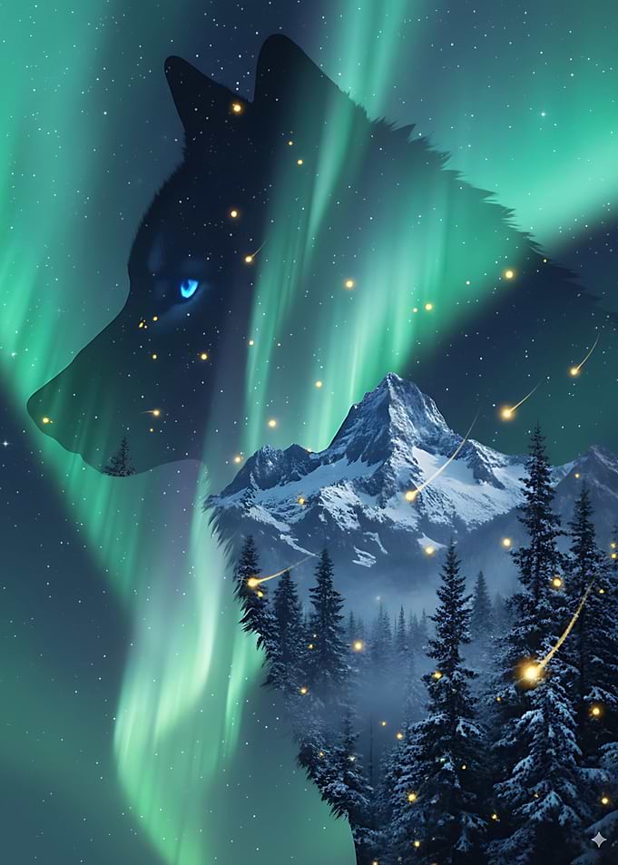 Wolf, Aurora Borealis, and Mountain Landscape
