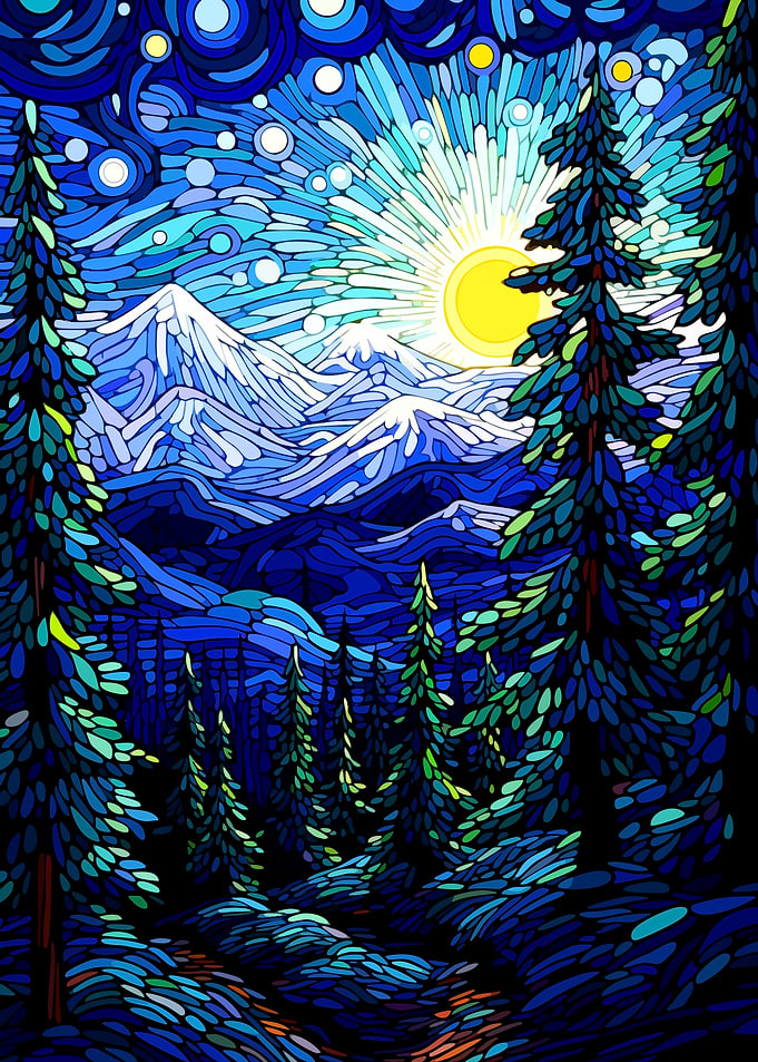 Mountain Landscape with Trees and Sun