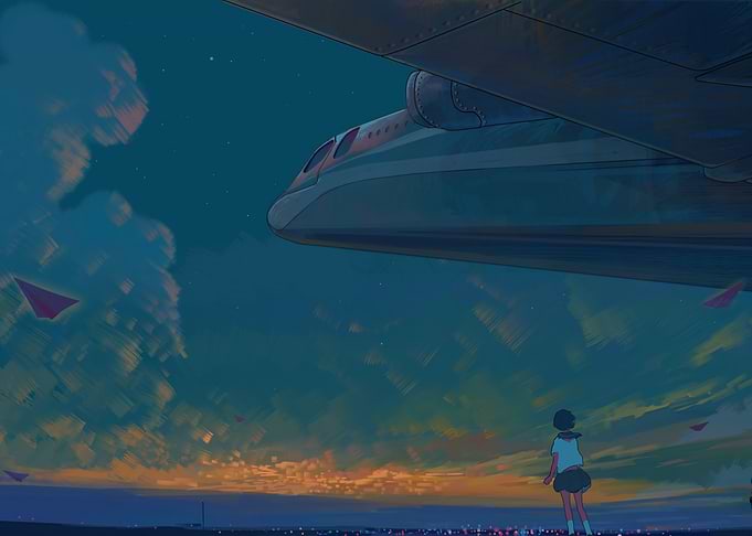 Anime Girl Watching Airplane at Sunset