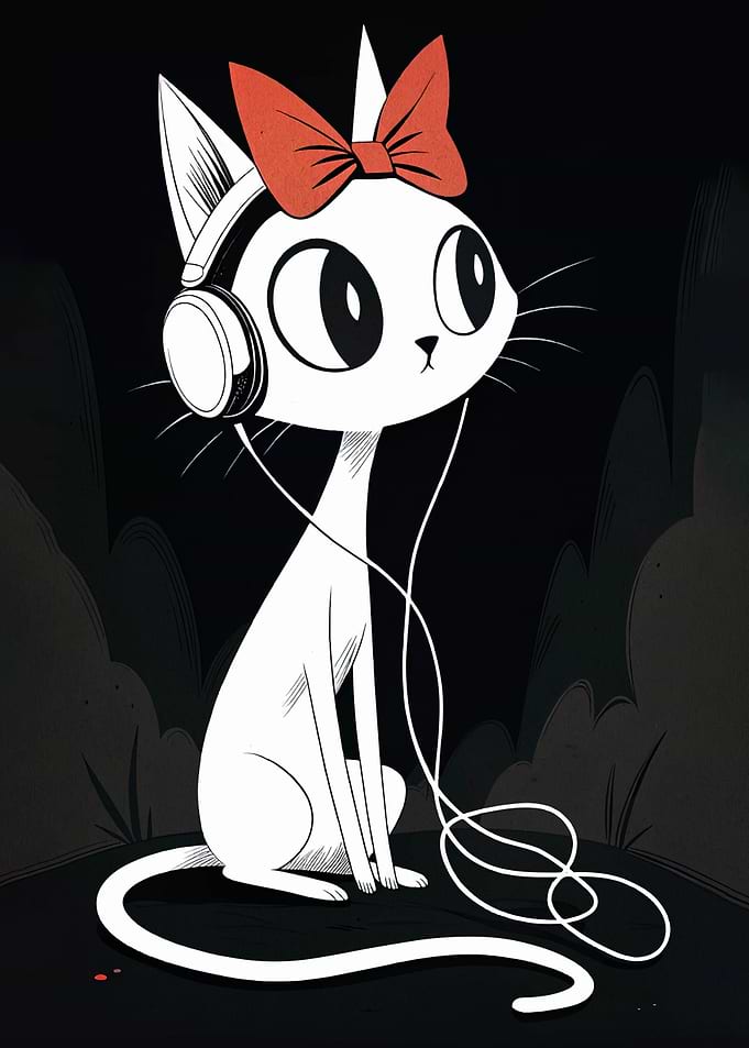 Cartoon Cat with Headphones and Bow