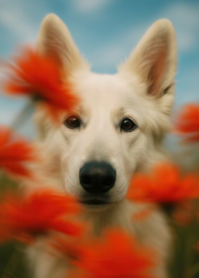 Swiss Shepherd with Red Poppies Dreamy Portrait