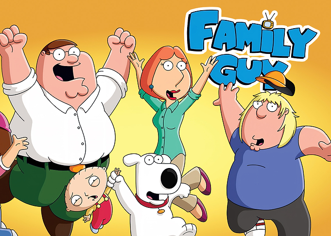 Family Guy characters celebrating on yellow background