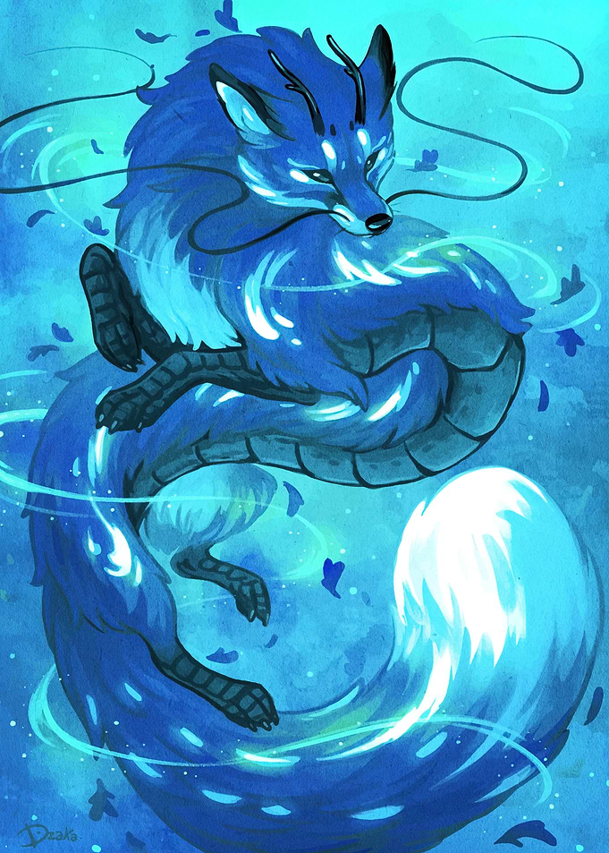 Blue Fox Dragon Hybrid Illustration