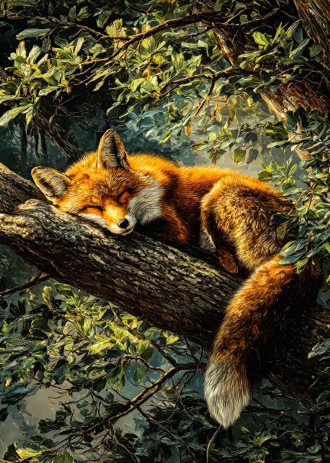 Sleeping Fox on a Tree Branch