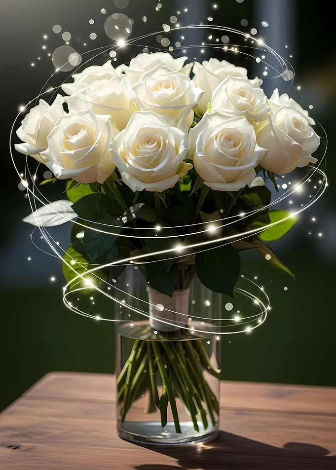 White Roses in Glass Vase with Lights