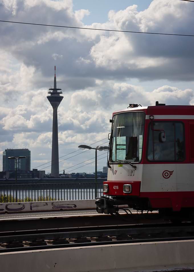 Düsseldorf cityscape with train and tower