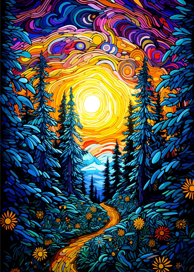 Colorful Forest Path at Sunset