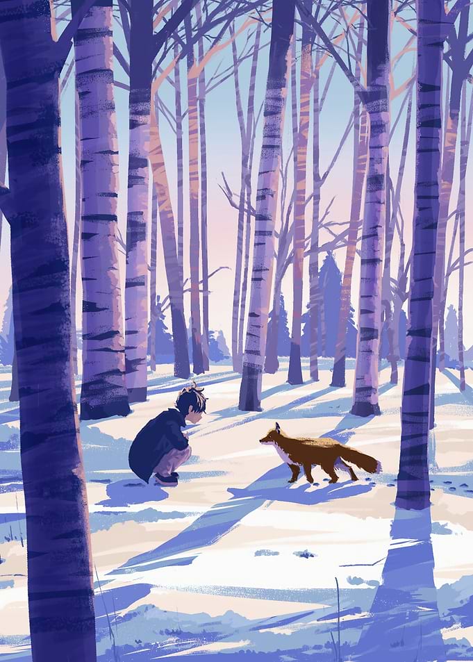 Boy and Fox in Winter Forest