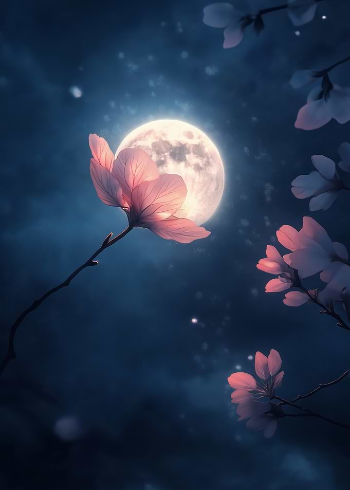 A lone glowing sakura petal floating against a dark sky