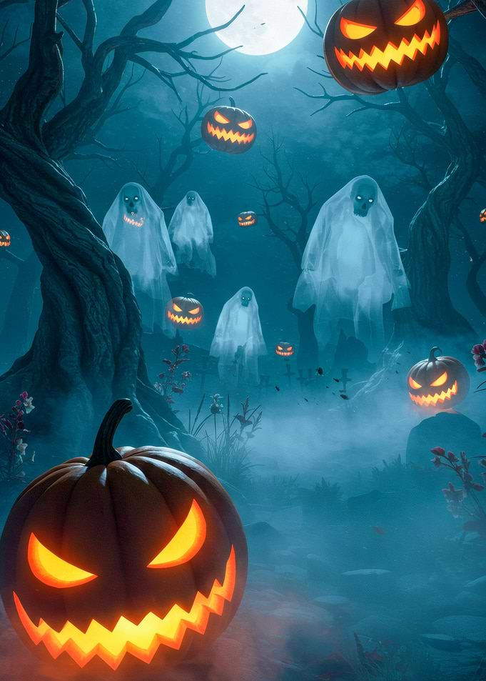 Halloween Night with Pumpkins and Ghosts