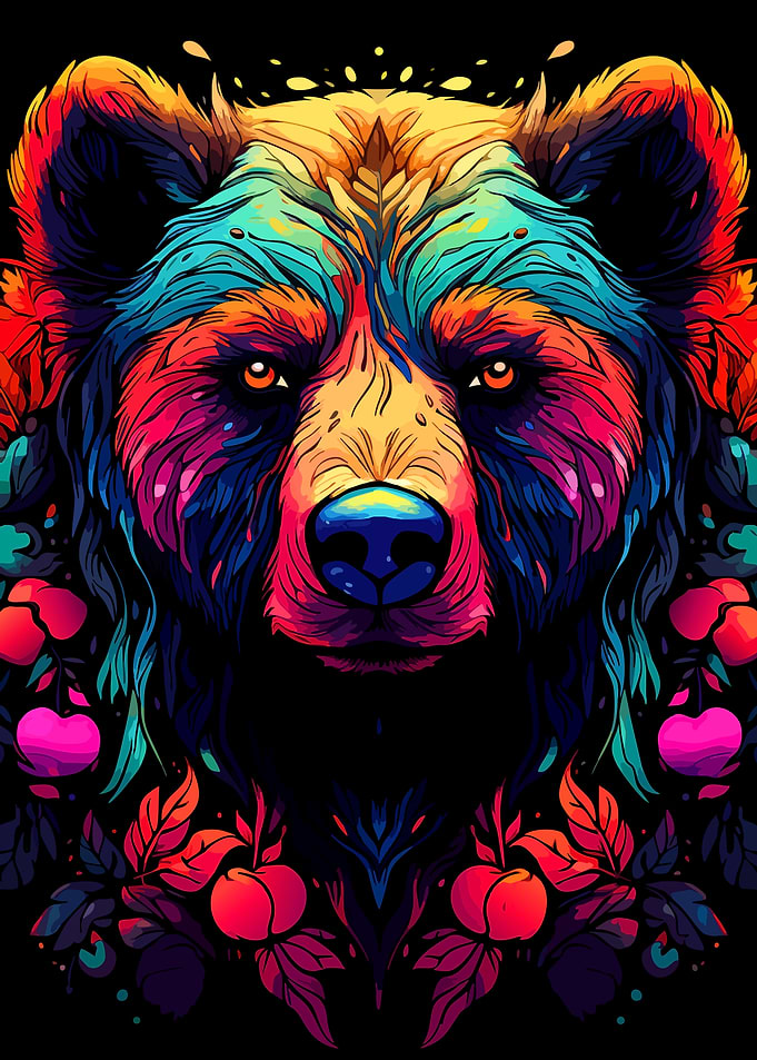 Colorful Bear Portrait with Floral Accents