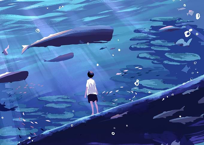 Underwater dreamscape with whales and boy