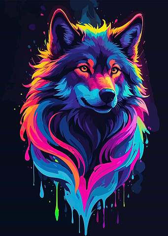 Colorful Wolf Portrait on Dark Background