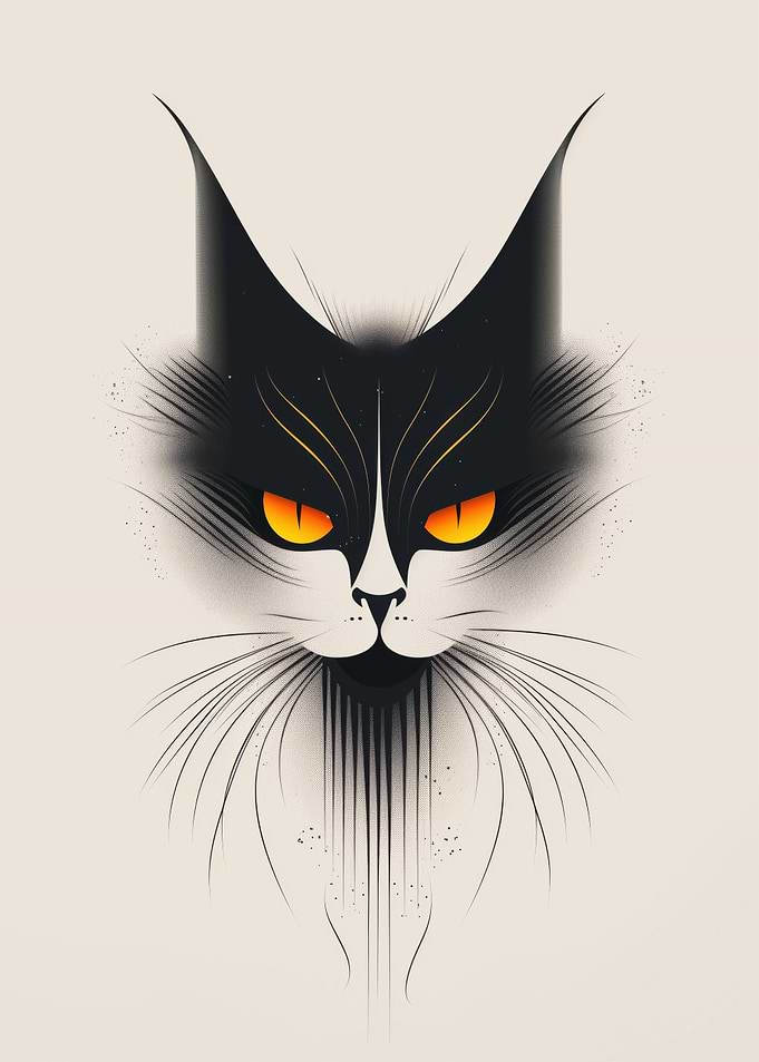 Black cat vector portrait with glowing orange eyes