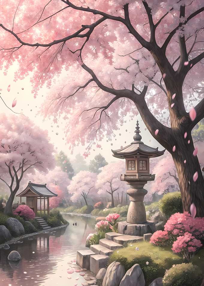 Cherry Blossom Garden with Stone Lantern