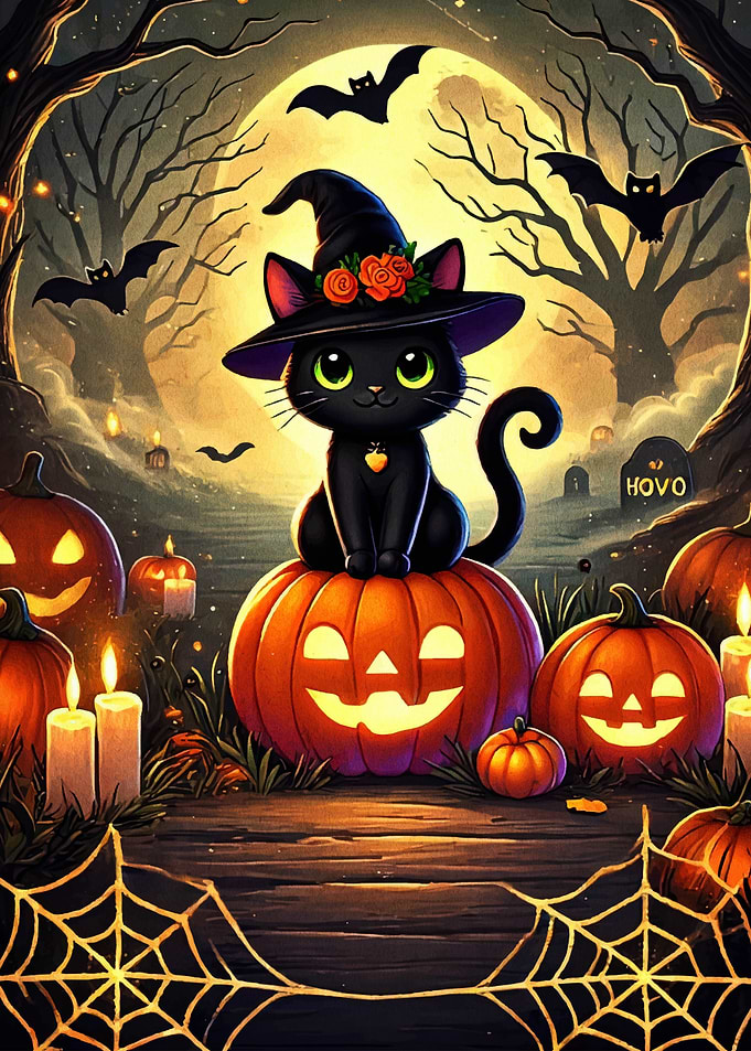 Halloween Cat on Pumpkin