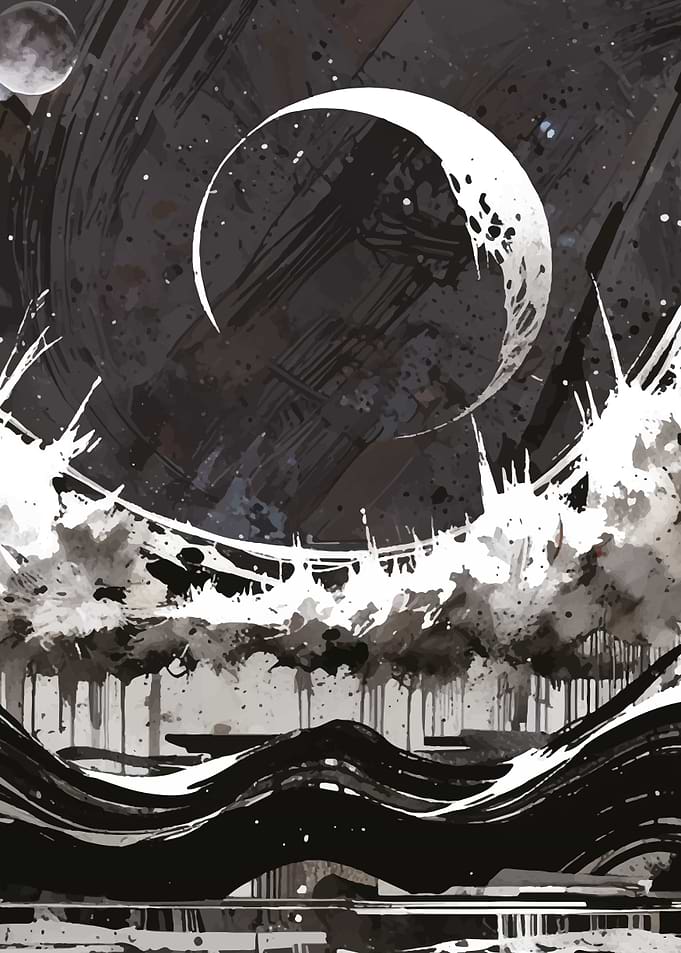 Monochrome Moonlit Abstract Landscape Painting