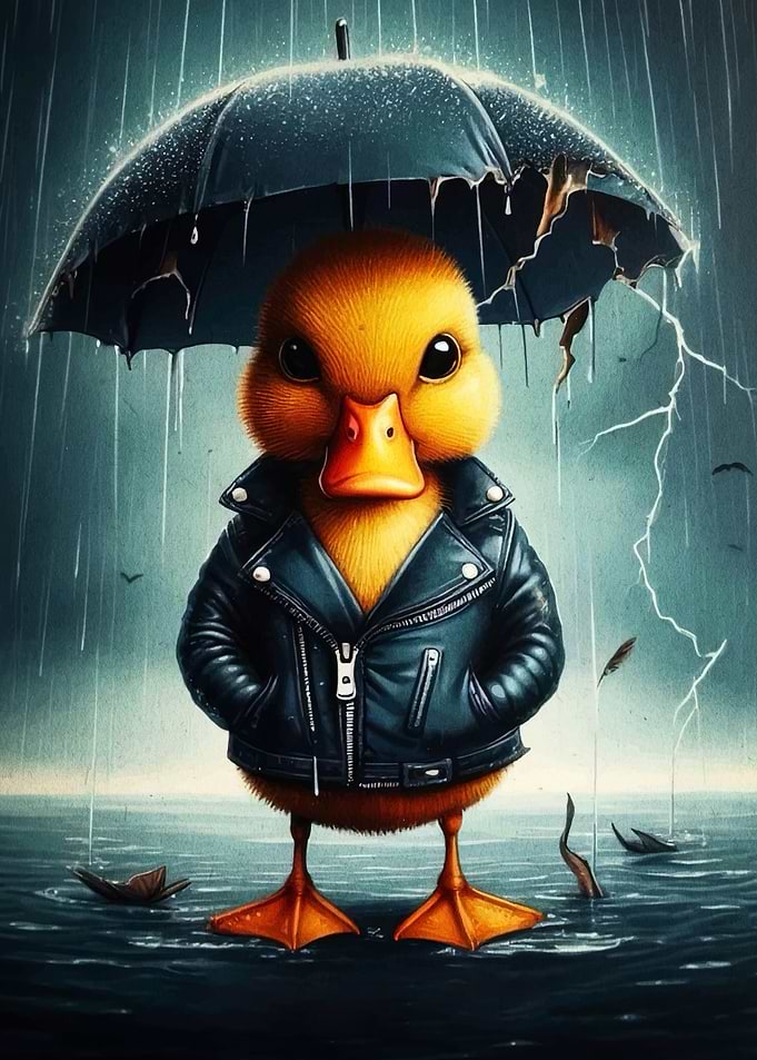 Duckling in Leather Jacket Under Umbrella