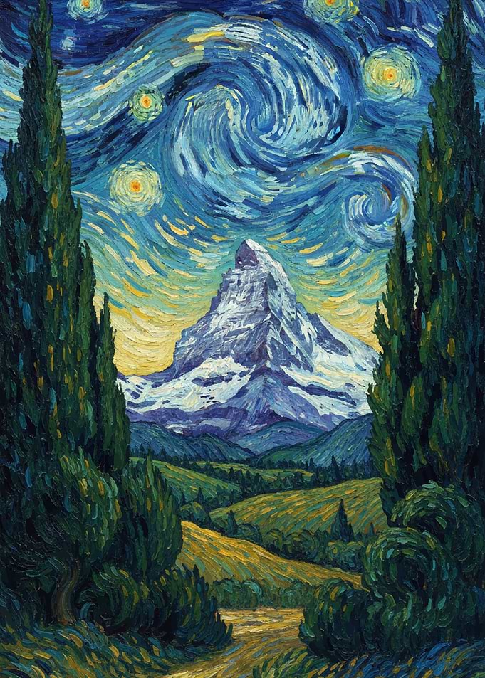 Starry Night Mountain Landscape Painting