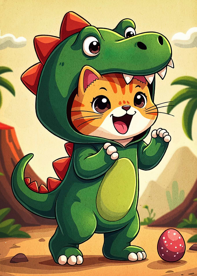 Cat in Dinosaur Costume Cartoon