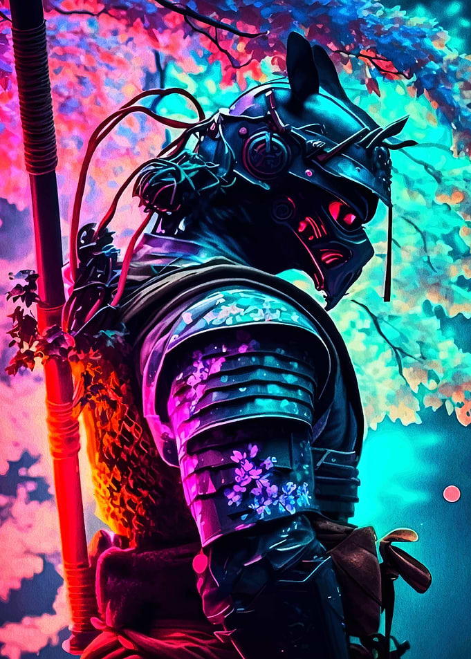 Cyberpunk Samurai in Cherry Blossom Garden
