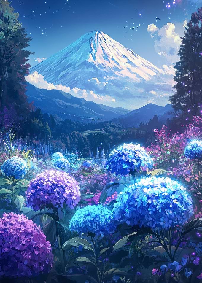 Mount Fuji and Hydrangea Field