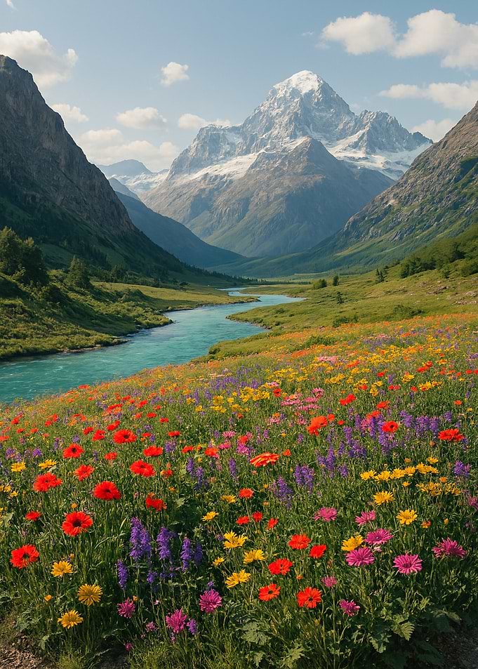 Mountain valley with wildflowers and river