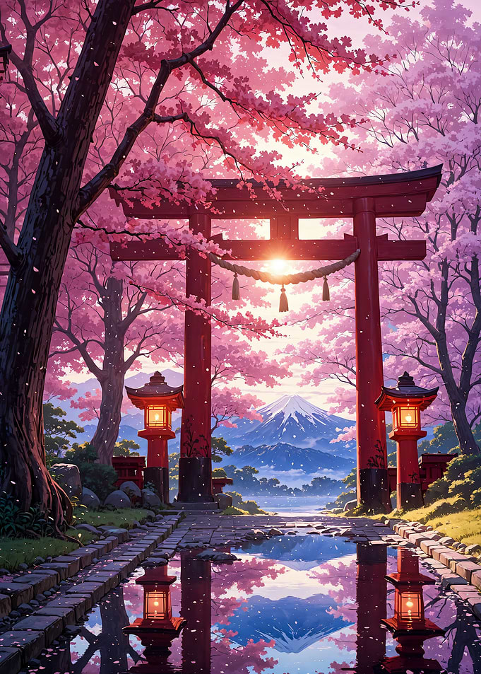 Japanese Cherry Blossom Torii Gate Landscape Japan