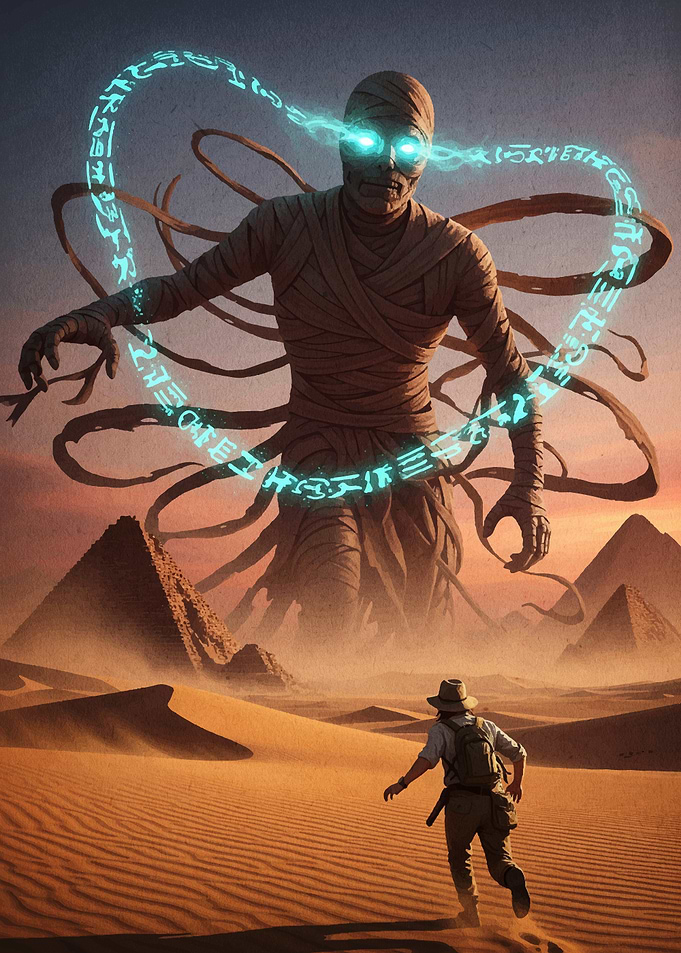 Mummy chasing explorer in desert landscape