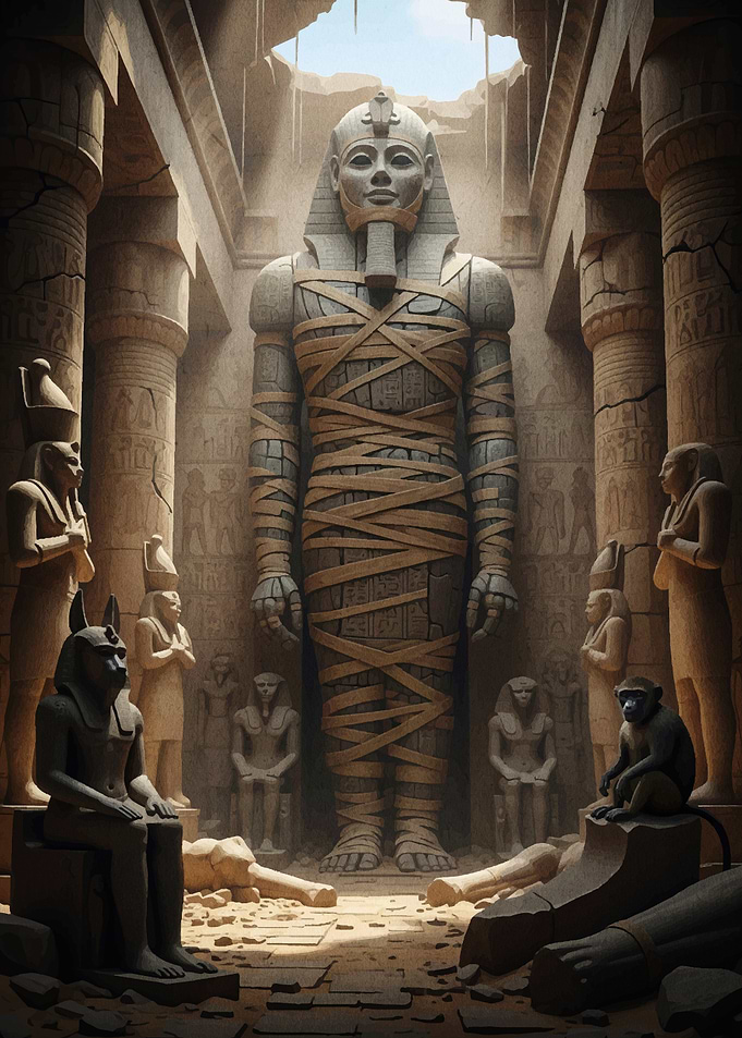 Ancient Egyptian Temple Interior with Statue
