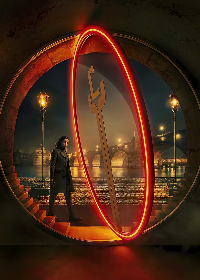 Woman, Portal, and Prague Cityscape