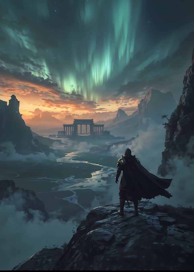Fantasy Landscape with Warrior and Aurora