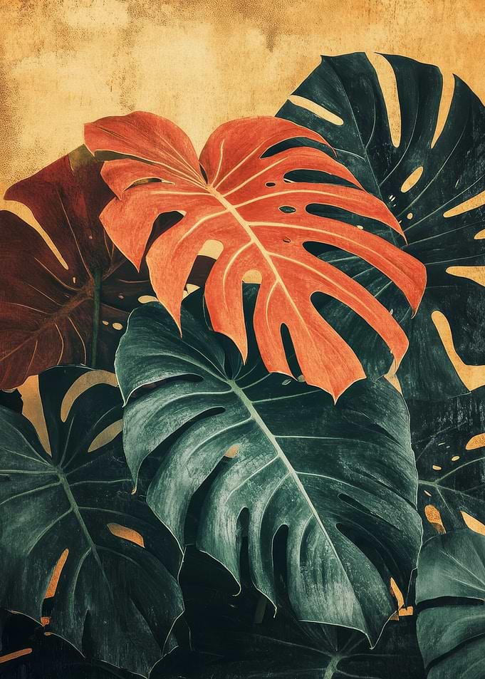 Monstera Leaves with Orange Accent | Warm Vintage Foliage