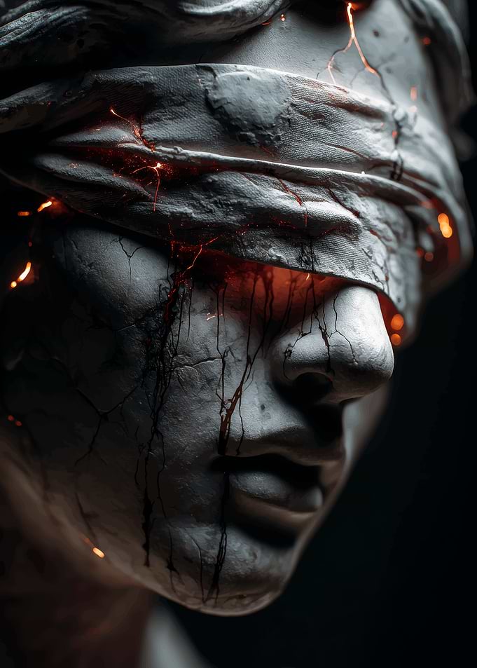 Blind Justice Statue with Fiery Cracks