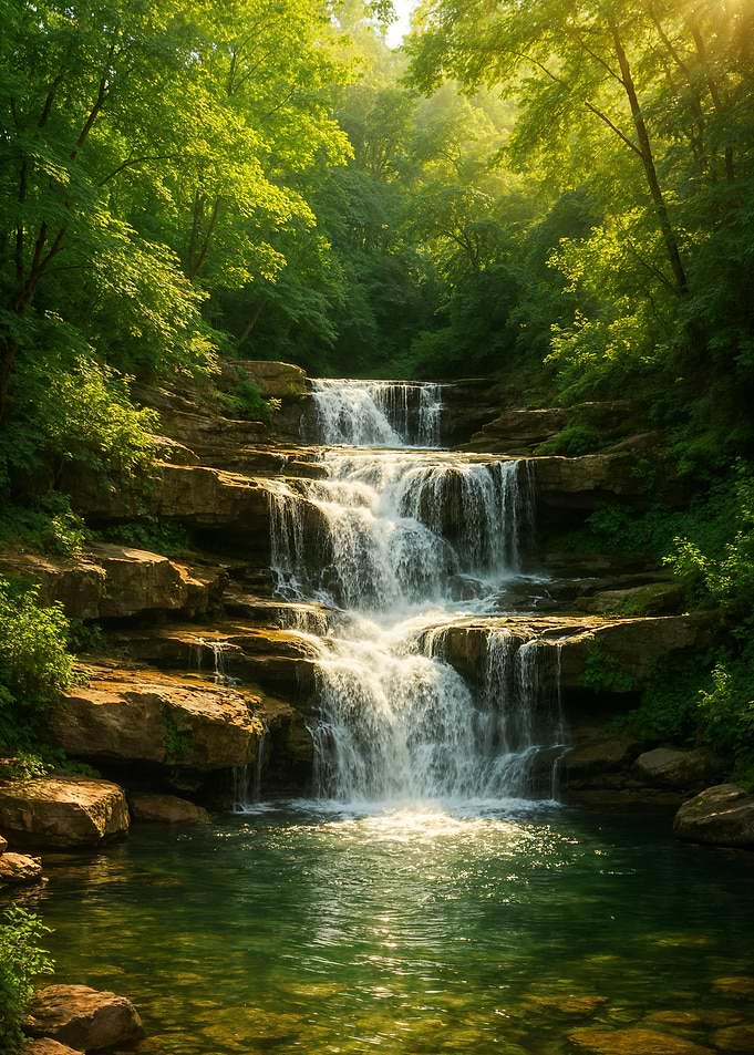 Cascading Waterfall in Lush Green Forest