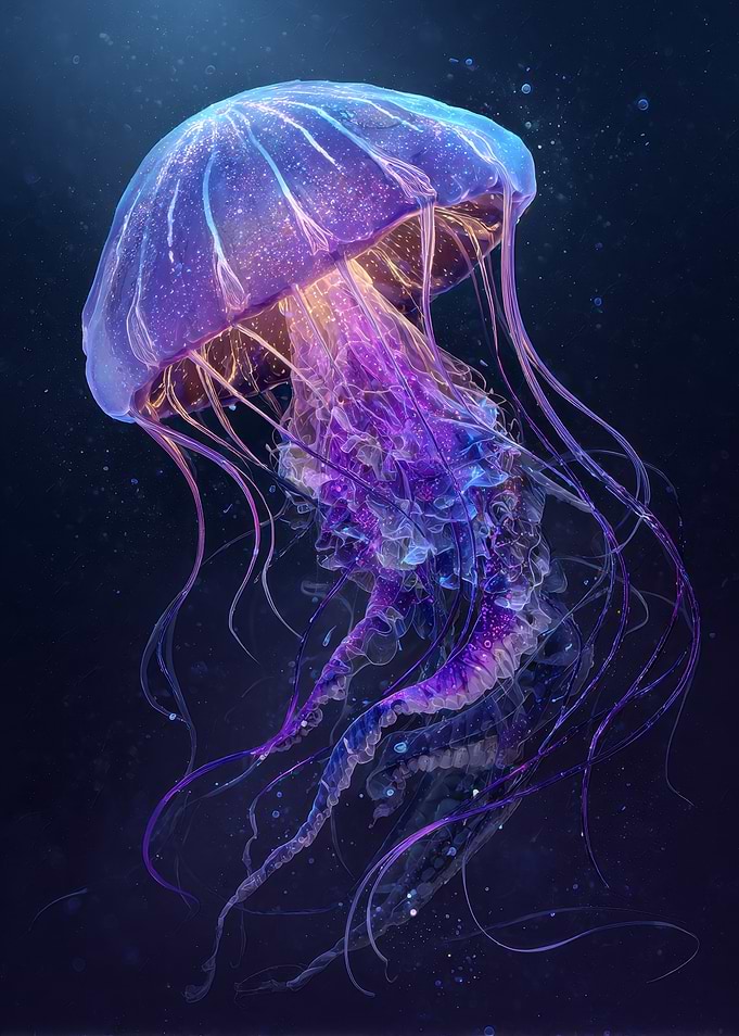 Glowing Jellyfish in Deep Blue Sea