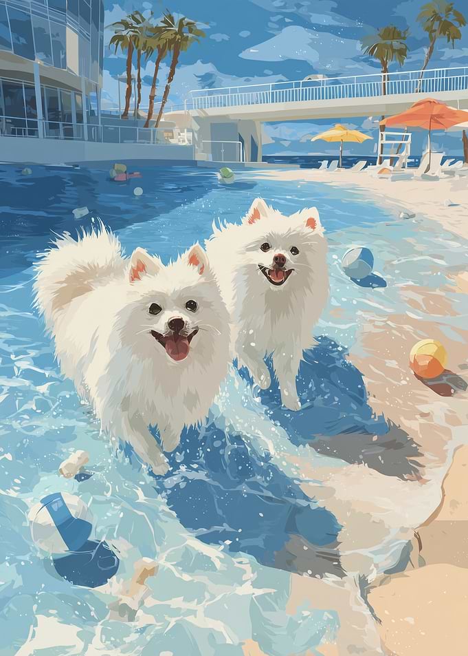 Two White Dogs Playing in Water