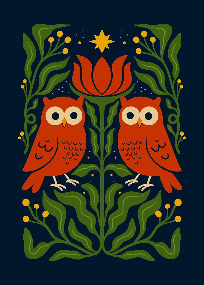 Two Owls with Floral Ornament