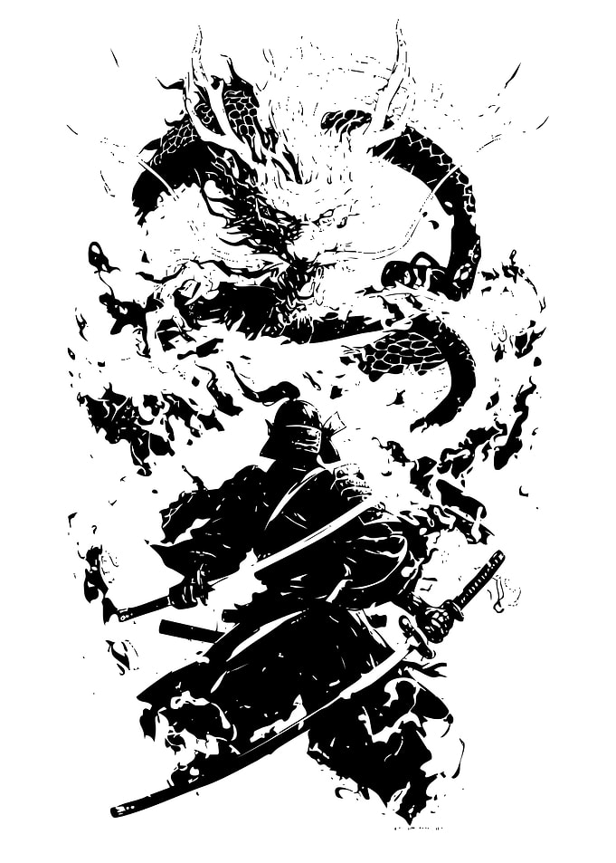 Samurai and Dragon Black and White