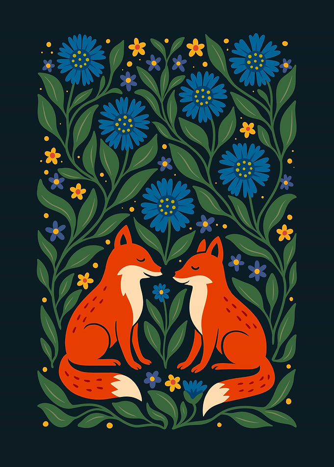 Foxes in Floral Frame Illustration
