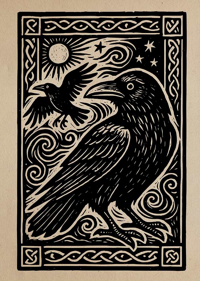Raven Woodcut Print with Celtic Border