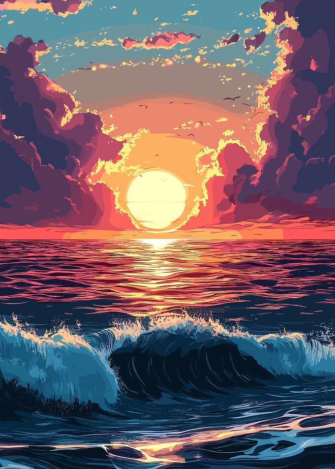 Ocean Sunset with Waves and Clouds