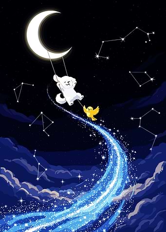 Dog on Moon Swing with Bird